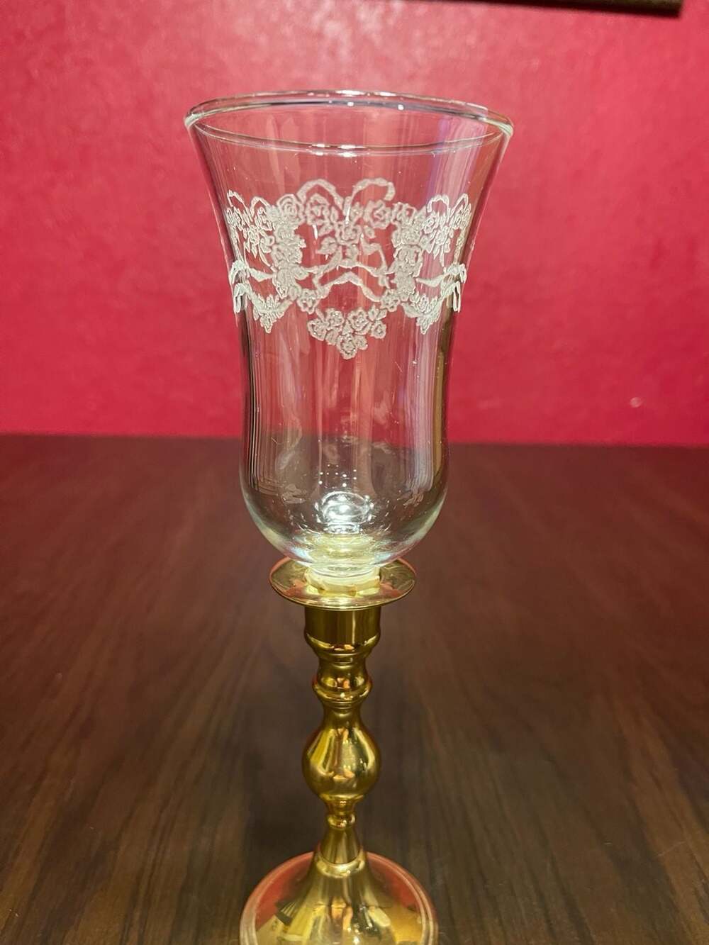 Vintage Brass Candlestick Holder with Floral Etched Glass Peg Chimney